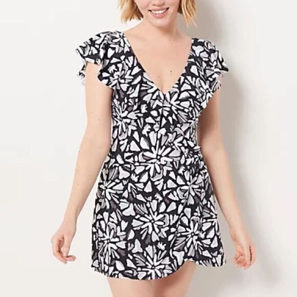 Denim & Co. Beach Surplice Flounce Sleeve Swim Dress - Picture 1 of 4